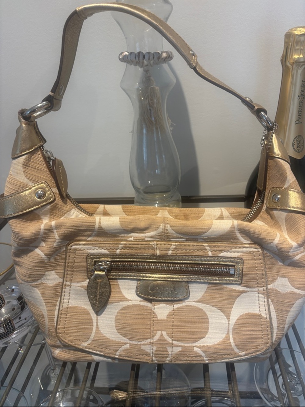 Coach Beige Signature Canvas Shoulder Bag with Gold Trim